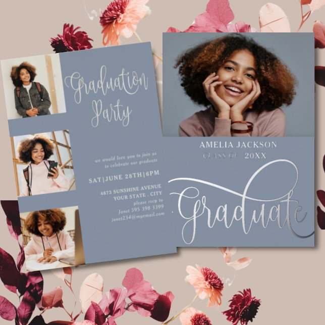 Modern Blue & Silver Photo Collage Graduate  (Creator Uploaded)