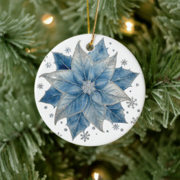 Modern Blue & Silver Poinsettia Christmas Ceramic Tree Decoration