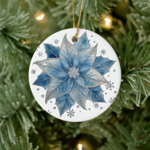 Modern Blue & Silver Poinsettia Christmas Ceramic Tree Decoration