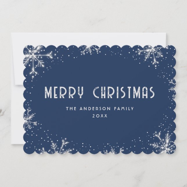 Modern Blue Silver Snowflake Snow Christmas Card (Front)