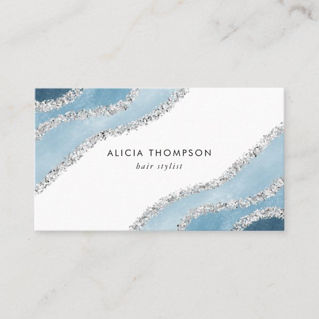 Modern Blue Silver Watercolor Tide Business Card (Front)