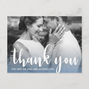 Modern Blue Simple Script Wedding Photo Thank You Postcard