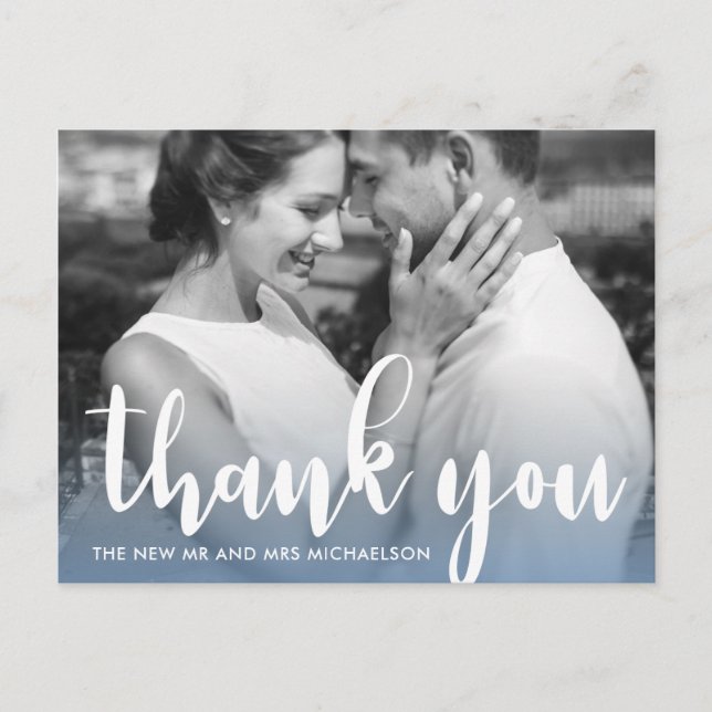 Modern Blue Simple Script Wedding Photo Thank You Postcard (Front)