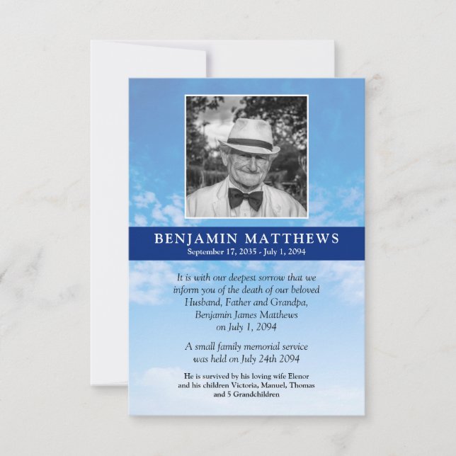 Modern Blue Sky Photo Memorial Funeral Death Announcement (Front)