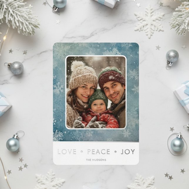 Modern Blue Snow Love Peace Joy Photo Christmas Foil Holiday Card (Creator Uploaded)