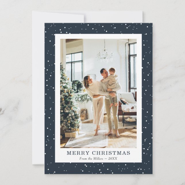 Modern Blue Snow Photo Merry Christmas Cards (Front)