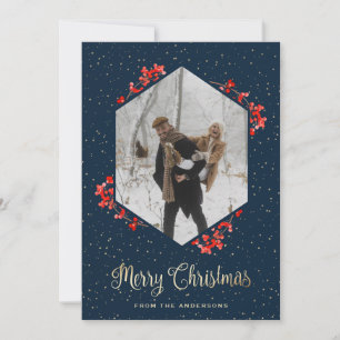 Modern Blue Snow Red Berries Photo Christmas Holiday Card