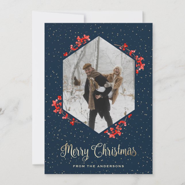 Modern Blue Snow Red Berries Photo Christmas Holiday Card (Front)