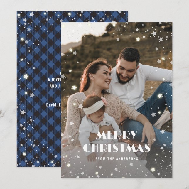 Modern Blue Snow Stars Photo Merry Christmas Holiday Card (Front/Back)