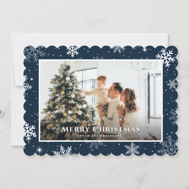 Modern Blue Snowflake Merry Christmas Photo Holiday Card (Front)
