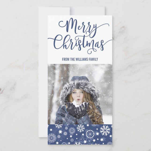 Modern Blue Snowflake Merry Christmas Photocard Holiday Card (Front)