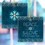 Modern Blue Snowflake Peace Joy Love Custom Name Ceramic Ornament<br><div class="desc">“Peace, joy & love.” This ornament, with a fun, playful, snowflake illustration and modern typography on a rich, deep teal blue marble watercolor background helps you usher in the holiday season. White confetti dots frame complete the look. On the back is a giant turquoise and white snowflake. Feel the warmth...</div>