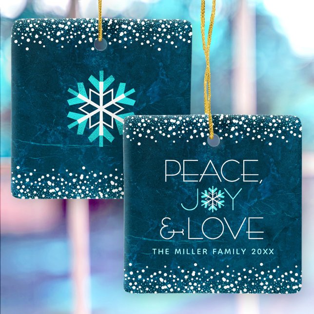 Modern Blue Snowflake Peace Joy Love Custom Name Ceramic Ornament (Creator Uploaded)