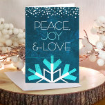 Modern Blue Snowflake Peace Joy Love Typography Holiday Card<br><div class="desc">“Peace, joy & love.” A giant, fun, playful, white and turquoise snowflake illustration and modern typography on a rich, deep teal blue marble watercolor background help you usher in the holiday season. A white and turquoise confetti dot border frames the top. Your personalized greeting is found on the inside. Feel...</div>