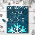 Modern Blue Snowflake Peace Joy Love Typography Jigsaw Puzzle<br><div class="desc">“Peace, joy & love.” A giant, fun, playful, white and turquoise snowflake illustration and modern typography on a rich, deep teal blue marble watercolor background help you usher in the holiday season. A white and turquoise confetti dot border frames the top. Feel the warmth and joy of the holiday season...</div>