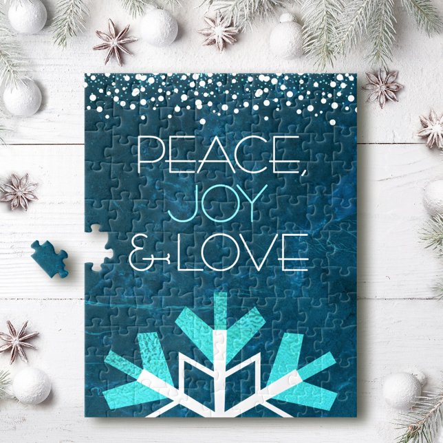 Modern Blue Snowflake Peace Joy Love Typography Jigsaw Puzzle (Creator Uploaded)