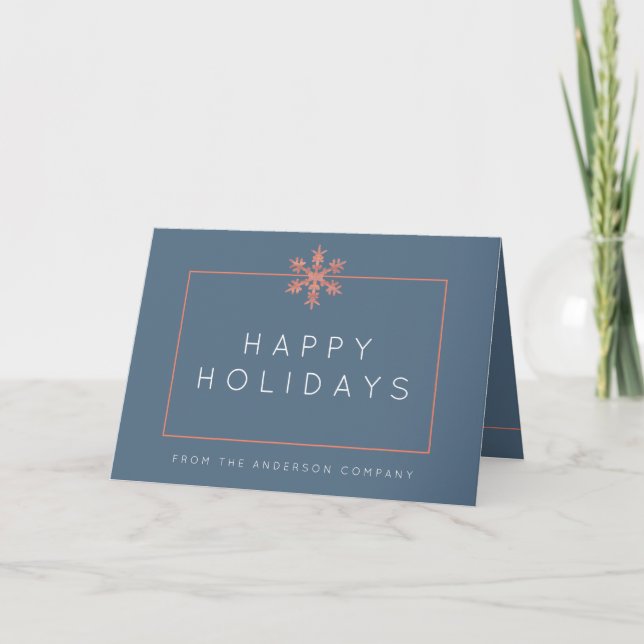 Modern Blue Snowflake Rustic Wood Corporate Holiday Card (Front)