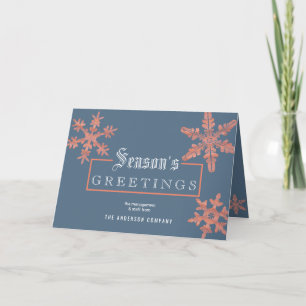 Modern Blue Snowflake Vintage Wood Corporate Holiday Card