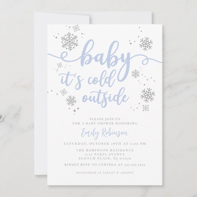 Modern Blue Snowflake Winter Boy Baby Shower Invitation (Front)