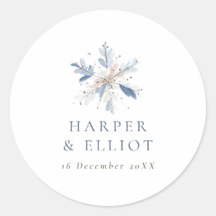 Modern Blue Snowflake Winter Wedding Classic Round Sticker