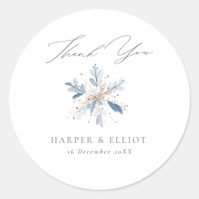 Modern Blue Snowflake Winter Wedding Thank You Classic Round Sticker (Front)