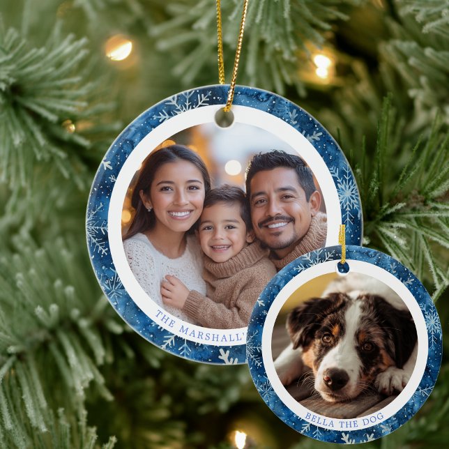 Modern Blue Snowflakes Family Christmas 2 Photos Ceramic Tree Decoration (Modern Blue Snowflakes Family Christmas 2 Photos Ceramic Ornament)
