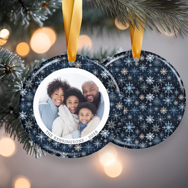 Modern Blue Snowflakes Family Christmas Photo Ceramic Tree Decoration (Modern Blue Snowflakes Family Christmas Photo Ceramic Ornament)