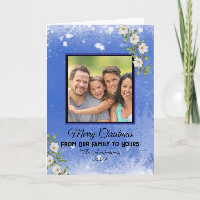 Modern Blue Snowflakes Family Photo Christmas  Card (Front)