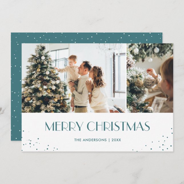 Modern Blue Snowy Merry Christmas 2 Photo Holiday Card (Front/Back)