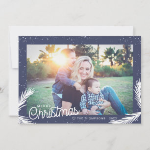 Modern Blue Snowy Pine Needle Typography Photo Holiday Card