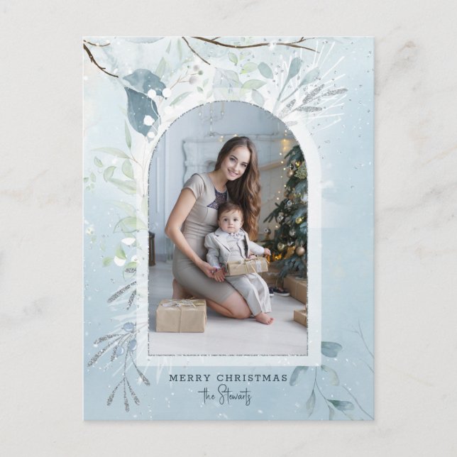 Modern Blue Sparkly Winter Botanical Arch Photo Holiday Postcard (Front)