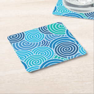 Modern Blue Spiral Pattern Square Paper Coaster
