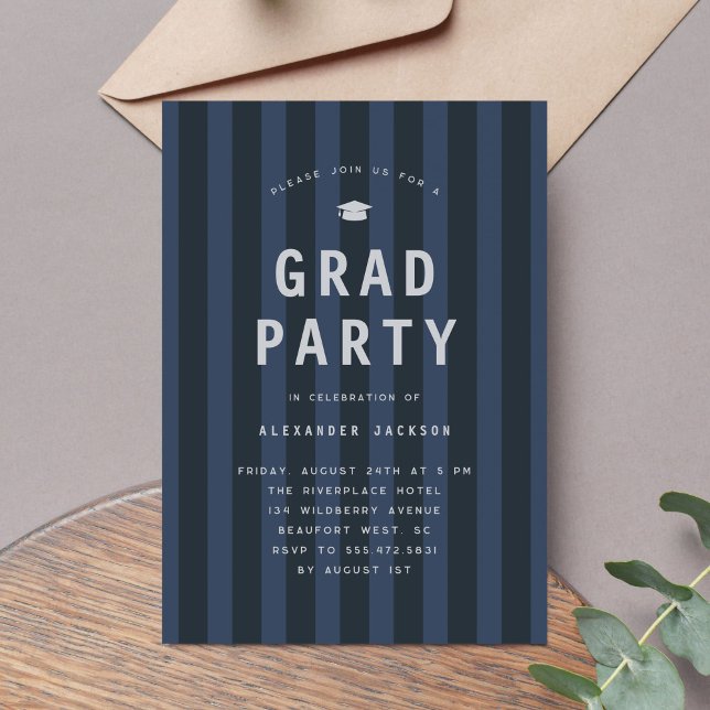 Modern Blue Sporty Stripes Graduation Party Invitation (Creator Uploaded)