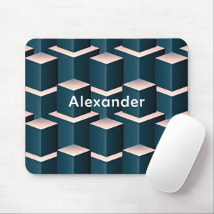 Modern Blue Square Geometric Pattern Personalise Mouse Mat