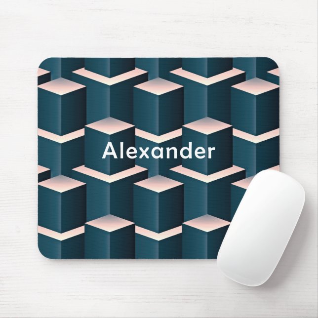 Modern Blue Square Geometric Pattern Personalise Mouse Mat (With Mouse)