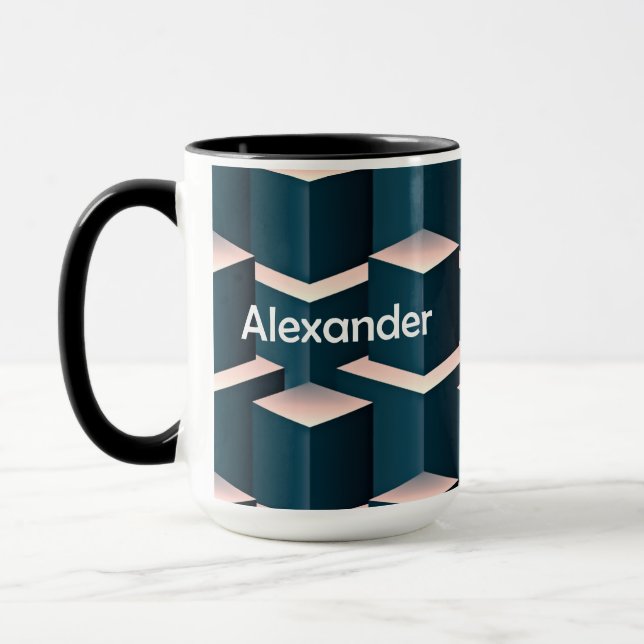 Modern Blue Square Geometric Pattern Personalise Mug (Left)