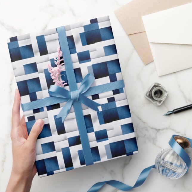 Modern Blue Squares Repeating Pattern Wrapping Paper (Gifting)