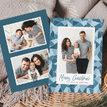 Modern Blue Stained Glass Merry Christmas 3 Photo Holiday Card<br><div class="desc">Send holiday greetings to friends and family with these modern Christmas photo cards. The design features your favourite vertical family photo framed in white with a background of frosted watercolor stained glass in shades of light and dark blue. "Merry Christmas" is displayed below in a dark blue, hand-lettered brush script....</div>
