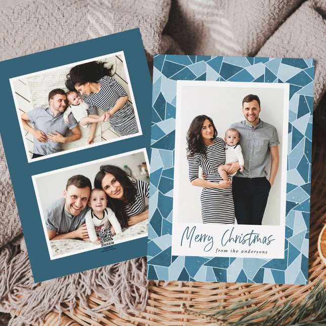 Modern Blue Stained Glass Merry Christmas 3 Photo Holiday Card (Creator Uploaded)