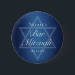 Modern Blue Star of David Formal Bar Mitzvah Party 6 Cm Round Badge<br><div class="desc">Beautiful deep shades of dark blue create a texture like water on these formal Bar Mitzvah party buttons. Elegant white minimalist script on party favours with your son's name on the subtle Star of David to celebrate your Jewish son's coming of age.</div>