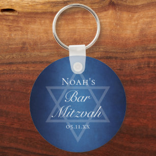 Modern Blue Star of David Formal Bar Mitzvah Party Key Ring