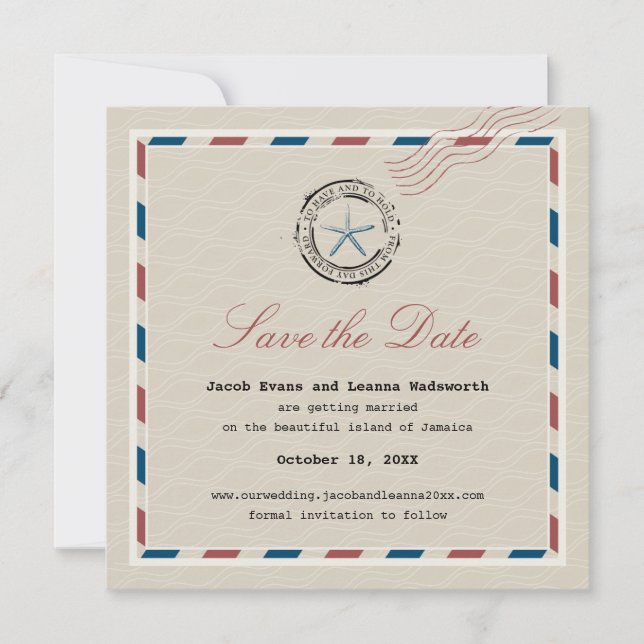 Modern Blue Starfish Antique Airmail Save the Date (Front)