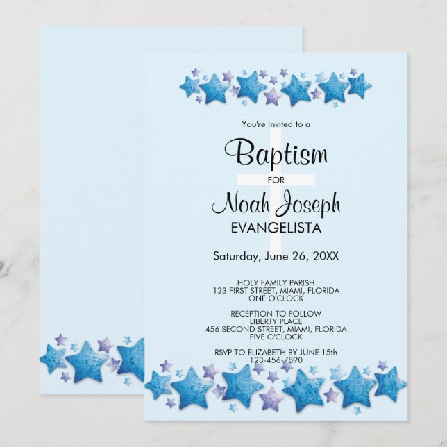 Modern Blue Stars BAPTISM Event Invitation (Front/Back)