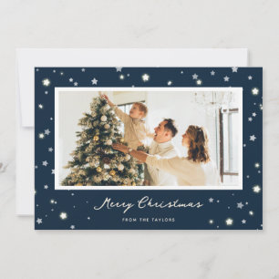 Modern Blue Stars Merry Christmas Photo Cards
