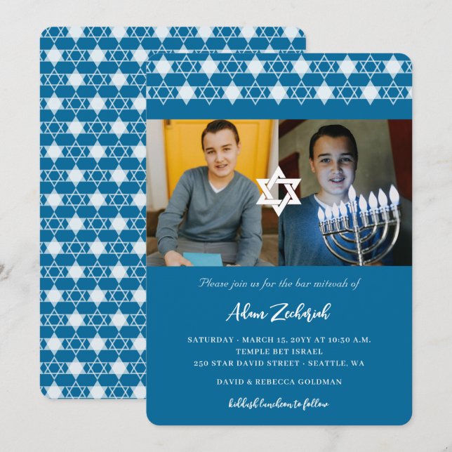 Modern Blue Stars Of David Boy Bar Mitzvah 2 Photo Invitation (Front/Back)