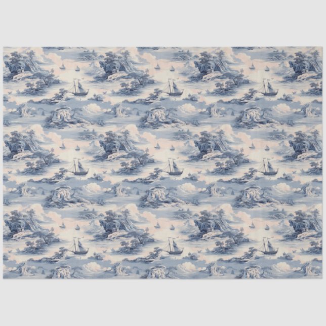Modern Blue Stom Ocean Sea Toile de Jouy Pattern Tissue Paper (Front)