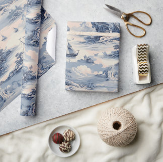 Modern Blue Stom Ocean Sea Toile de Jouy Pattern Wrapping Paper