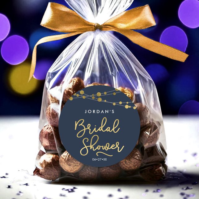 Modern Blue Strings of Lights Bridal Shower Classic Round Sticker (Creator Uploaded)