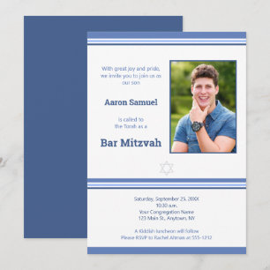 Modern Blue Stripe Bar Mitzvah Photo Invitation