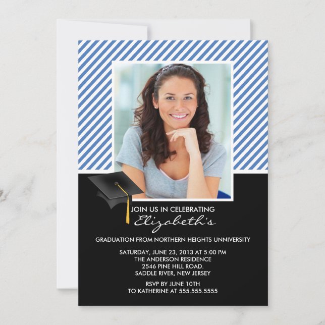 Modern Blue Stripe Graduation Party Announcement (Front)